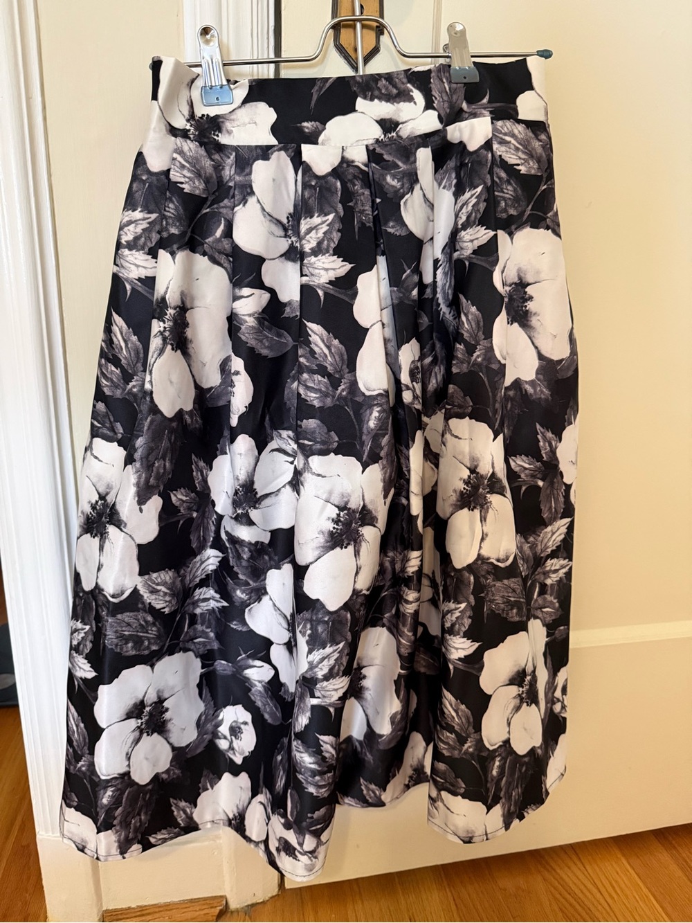Black & White Floral A-Line Midi Skirt